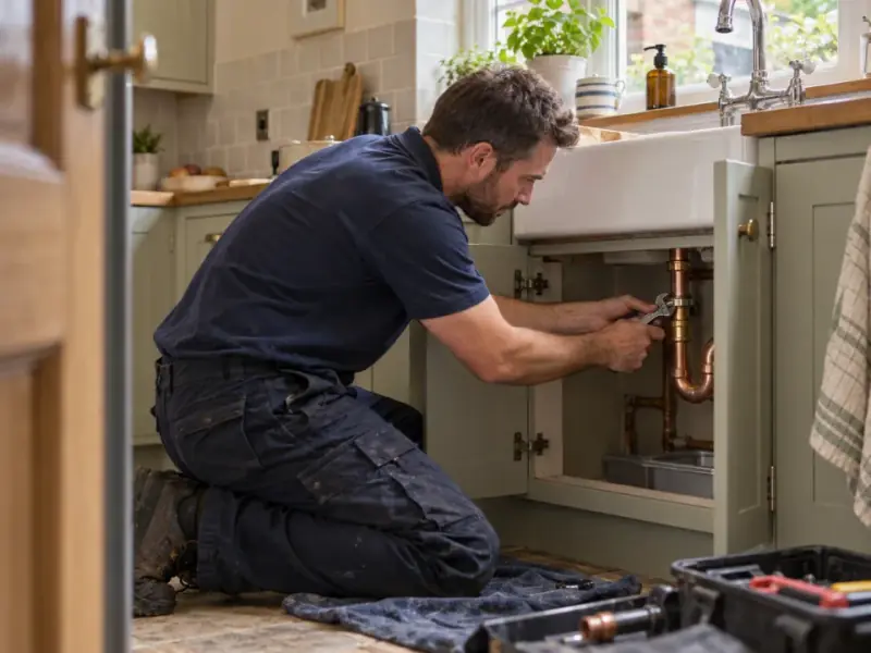 Plumber repairing pipework beneath a kitchen sink