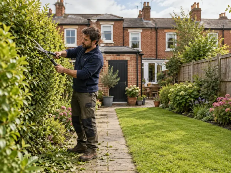 Gardener trimming a hedge behind a terraced home