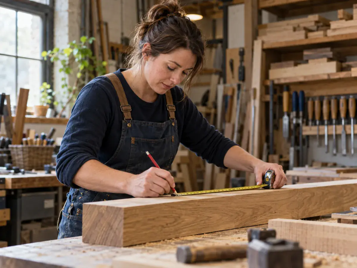 Joiner measuring oak timber in her workshop
